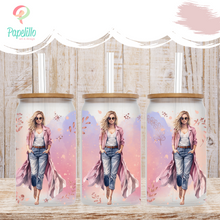 Load image into Gallery viewer, Girl Pink Flower Glass Iced Coffee Cup with Bamboo Lid and Straw, Iced Coffee Glass, Gift for Friend, Coffee Aesthetic 16oz