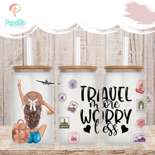Load image into Gallery viewer, Girl Travel Glass Coffee Cup, Girl Glass Iced Coffee Cup with Bamboo Lid and Straw, Iced Coffee Glass, Gift Friend, Aesthetic UV DTF