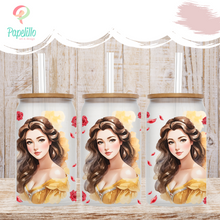 Load image into Gallery viewer, Inspired Princess Watercolor Glass Can, Iced Coffee Cup with Bamboo Lid and Straw, Iced Coffee Glass Can, Gift for Friend, 16oz
