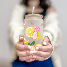 Load image into Gallery viewer, Lemon Glass Coffee Cup, Lemon Pink Glass Iced Coffee Cup with Bamboo Lid and Straw, Iced Coffee Glass, Gift for Friend, Aesthetic UV DTF 16oz