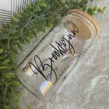 Load and play video in Gallery viewer, Personalized Glass Coffee Cup, Name Glass Iced Coffee Cup with Bamboo Lid and Straw, Iced Coffee Glass, Gift for Friend, Coffee Aesthetic