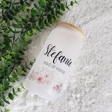 Load image into Gallery viewer, Bridesmaid Proposal, Future Mrs, Customized Glass Tumbler, Frosted Glass Tumbler, Bamboo Lid Coffee Cup, Maid Of Honor Gift 16oz