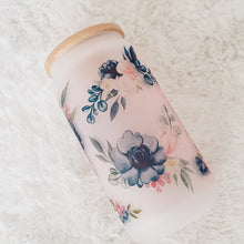 Load image into Gallery viewer, Blue Flower Glass Coffee Cup, Garden Glass Iced Coffee Cup with Bamboo Lid and Straw, Iced Coffee Glass, Gift for Friend, Coffee Aesthetic 16oz