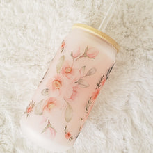 Load image into Gallery viewer, Floral Glass Coffee Cup, Garden Glass Iced Coffee Cup with Bamboo Lid and Straw, Iced Coffee Glass, Gift for Friend, Coffee Aesthetic 16oz