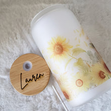 Load image into Gallery viewer, Sunflower Glass Coffee Cup, Sunflower Glass Iced Coffee Cup with Bamboo Lid and Straw, Iced Coffee Glass, Gift for Friend, Coffee Aesthetic