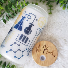 Load image into Gallery viewer, Teacher Glass Coffee Cup, Science Teacher Glass Iced Coffee Cup with Bamboo Lid and Straw, Iced Coffee Glass, Gift Friend, Coffee Aesthetic 16oz