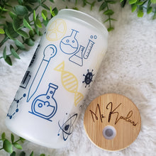 Load image into Gallery viewer, Teacher Glass Coffee Cup, Science Teacher Glass Iced Coffee Cup with Bamboo Lid and Straw, Iced Coffee Glass, Gift Friend, Coffee Aesthetic 16oz