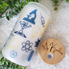 Load image into Gallery viewer, Teacher Glass Coffee Cup, Science Teacher Glass Iced Coffee Cup with Bamboo Lid and Straw, Iced Coffee Glass, Gift Friend, Coffee Aesthetic 16oz