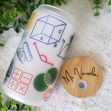 Load image into Gallery viewer, Teacher Glass Coffee Cup, Math Teacher Glass Iced Coffee Cup with Bamboo Lid and Straw, Iced Coffee Glass, Gift for Friend, Coffee Aesthetic 16oz