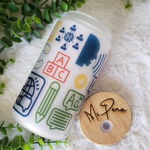 Load image into Gallery viewer, Teacher Glass Coffee Cup, Lenguage Teacher Glass Iced Coffee Cup with Bamboo Lid and Straw, Iced Coffee Glass, Gift Friend, Coffee Aesthetic 16oz