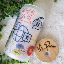 Load image into Gallery viewer, Teacher Glass Coffee Cup, Lenguage Teacher Glass Iced Coffee Cup with Bamboo Lid and Straw, Iced Coffee Glass, Gift Friend, Coffee Aesthetic 16oz
