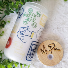 Load image into Gallery viewer, Teacher Glass Coffee Cup, Lenguage Teacher Glass Iced Coffee Cup with Bamboo Lid and Straw, Iced Coffee Glass, Gift Friend, Coffee Aesthetic 16oz