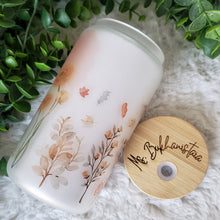 Load image into Gallery viewer, Fall Floral Glass Coffee Cup, Fall Glass Iced Coffee Cup with Bamboo Lid and Straw, Iced Coffee Glass, Gift for Friend, Coffee Aesthetic 16oz