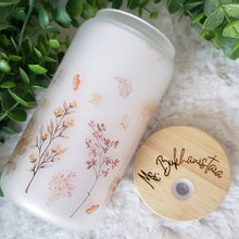 Load image into Gallery viewer, Fall Floral Glass Coffee Cup, Fall Glass Iced Coffee Cup with Bamboo Lid and Straw, Iced Coffee Glass, Gift for Friend, Coffee Aesthetic 16oz