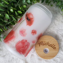Load image into Gallery viewer, Red Floral Glass Coffee Cup, Garden Glass Iced Coffee Cup with Bamboo Lid and Straw, Iced Coffee Glass, Gift for Friend, Coffee Aesthetic