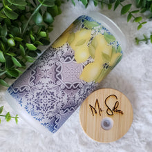 Load image into Gallery viewer, Tiles Lemon Glass Coffee Cup, Santorini Glass Iced Coffee Cup with Bamboo Lid and Straw, Iced Coffee Glass, Gift riend, Coffee Aesthetic 16oz