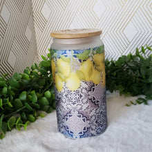 Load image into Gallery viewer, Tiles Lemon Glass Coffee Cup, Santorini Glass Iced Coffee Cup with Bamboo Lid and Straw, Iced Coffee Glass, Gift riend, Coffee Aesthetic 16oz