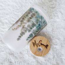 Load image into Gallery viewer, Eucalyptu Glass Coffee Cup, Eucalyptus Glass Iced Coffee Cup with Bamboo Lid and Straw, Iced Coffee Glass, Gift for Friend, Coffee Aesthetic