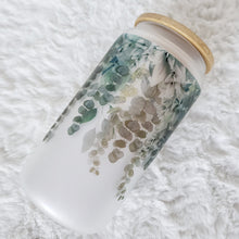 Load image into Gallery viewer, Eucalyptu Glass Coffee Cup, Eucalyptus Glass Iced Coffee Cup with Bamboo Lid and Straw, Iced Coffee Glass, Gift for Friend, Coffee Aesthetic