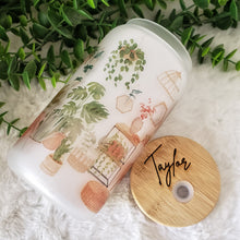 Load image into Gallery viewer, Plant Glass Coffee Cup, Boho plant Glass Iced Coffee Cup with Bamboo Lid and Straw, Iced Coffee Glass, Gift for Friend, Coffee Aesthetic