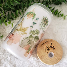 Load image into Gallery viewer, Plant Glass Coffee Cup, Boho plant Glass Iced Coffee Cup with Bamboo Lid and Straw, Iced Coffee Glass, Gift for Friend, Coffee Aesthetic