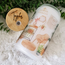 Load image into Gallery viewer, Plant Glass Coffee Cup, Boho plant Glass Iced Coffee Cup with Bamboo Lid and Straw, Iced Coffee Glass, Gift for Friend, Coffee Aesthetic