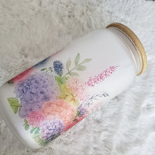 Load image into Gallery viewer, Floral Glass Coffee Cup, Hydrangea Glass Iced Coffee Cup with Bamboo Lid and Straw, Iced Coffee Glass, Gift for Friend, Coffee Aesthetic