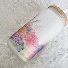 Load image into Gallery viewer, Floral Glass Coffee Cup, Hydrangea Glass Iced Coffee Cup with Bamboo Lid and Straw, Iced Coffee Glass, Gift for Friend, Coffee Aesthetic