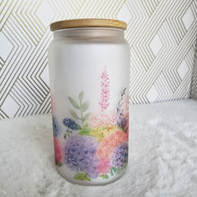 Load image into Gallery viewer, Floral Glass Coffee Cup, Hydrangea Glass Iced Coffee Cup with Bamboo Lid and Straw, Iced Coffee Glass, Gift for Friend, Coffee Aesthetic