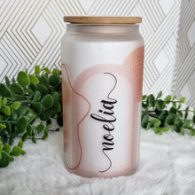 Load image into Gallery viewer, Boho Glass Coffee Cup, Boho Glass Iced Coffee Cup with Bamboo Lid and Straw, Iced Coffee Glass, Gift for Friend, Coffee Aesthetic 16oz