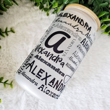 Load image into Gallery viewer, Custom Name Glass Coffee Cup, Name Glass Iced Coffee Cup with Bamboo Lid and Straw, Iced Coffee Glass, Gift for Friend, Coffee Aesthetic