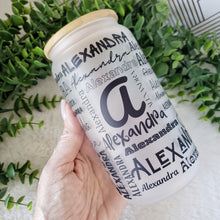 Load image into Gallery viewer, Custom Name Glass Coffee Cup, Name Glass Iced Coffee Cup with Bamboo Lid and Straw, Iced Coffee Glass, Gift for Friend, Coffee Aesthetic