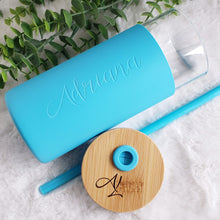Load image into Gallery viewer, Engraved Custom Glass Tumbler with Bamboo Lid and Straw, Silicone Sleeve, Gift for Her, Bridesmaid Gift, 20oz, Personalized Water Bottle