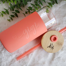 Load image into Gallery viewer, Engraved Custom Glass Tumbler with Bamboo Lid and Straw, Silicone Sleeve, Gift for Her, Bridesmaid Gift, 20oz, Personalized Water Bottle