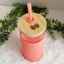 Load image into Gallery viewer, Engraved Custom Glass Tumbler with Bamboo Lid and Straw, Silicone Sleeve, Gift for Her, Bridesmaid Gift, 20oz, Personalized Water Bottle