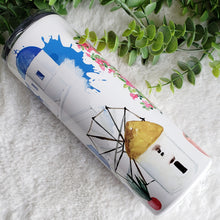 Load image into Gallery viewer, Santorini Greece Tumbler, Vacation Travel Custom, Stainless Steel Drinking Cups, Birthday Gift, Trip Bachelorette 20oz