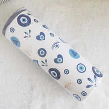 Load image into Gallery viewer, Turkish Evil Eye Tumbler, Hamsa Hand Skinny Tumbler, Stainless Steel, Drinking Cups, Birthday Gift, Vacation Girls, Trip Bachelorette, 20oz