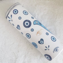 Load image into Gallery viewer, Turkish Evil Eye Tumbler, Hamsa Hand Skinny Tumbler, Stainless Steel, Drinking Cups, Birthday Gift, Vacation Girls, Trip Bachelorette, 20oz