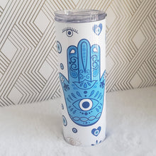 Load image into Gallery viewer, Turkish Evil Eye Tumbler, Hamsa Hand Skinny Tumbler, Stainless Steel, Drinking Cups, Birthday Gift, Vacation Girls, Trip Bachelorette, 20oz
