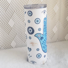 Load image into Gallery viewer, Turkish Evil Eye Tumbler, Hamsa Hand Skinny Tumbler, Stainless Steel, Drinking Cups, Birthday Gift, Vacation Girls, Trip Bachelorette, 20oz
