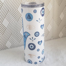 Load image into Gallery viewer, Turkish Evil Eye Tumbler, Hamsa Hand Skinny Tumbler, Stainless Steel, Drinking Cups, Birthday Gift, Vacation Girls, Trip Bachelorette, 20oz