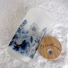 Load image into Gallery viewer, Floral Glass Coffee Cup, Blue Floral Glass Iced Coffee Cup with Bamboo Lid and Straw, Iced Coffee Glass, Gift for Friend, Coffee Aesthetic