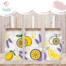 Load image into Gallery viewer, Lavender Lemon Glass Coffee Cup, Glass Iced Coffee Cup with Bamboo Lid and Straw, Iced Coffee Glass, Gift for Friend, Aesthetic UV DTF