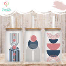 Load image into Gallery viewer, Boho Pink Abstrac Glass Coffee Cup, Boho Glass Iced Coffee Cup with Bamboo Lid and Straw, Iced Coffee Glass, Gift for Friend, Coffee Aesthetic