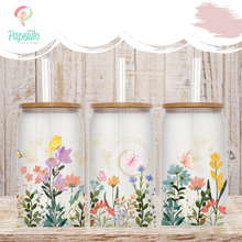 Load image into Gallery viewer, Spring Floral Glass Coffee Cup, Blush Wildflower Glass Iced Coffee Cup with Bamboo Lid and Straw, Butterfly Coffee Gift for Friend 16oz Aesthetic