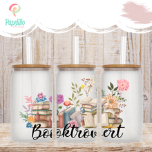 Load image into Gallery viewer, Booktrovert Glass Coffee Cup, Flowers Books Glass Iced Coffee Cup with Bamboo Lid and Straw, Love Reading, Gift for Friend, Aesthetic