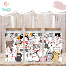 Load image into Gallery viewer, Cute Cats Coffee Cup, Cats Glass Iced Coffee Cup with Bamboo Lid and Straw, Iced Coffee Glass, Gift for Friend, Coffee Aesthetic