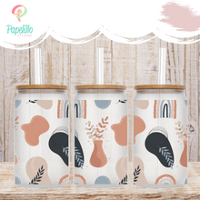 Load image into Gallery viewer, Boho Abstrac Glass Coffee Cup, Boho Glass Iced Coffee Cup with Bamboo Lid and Straw, Iced Coffee Glass, Gift for Friend, Coffee Aesthetic