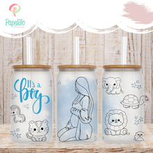 Load image into Gallery viewer, It's a Boy Coffee Cup, Pregnant Glass Iced Coffee Cup with Bamboo Lid and Straw, Iced Coffee Glass, Gift for Friend, Coffee Aesthetic