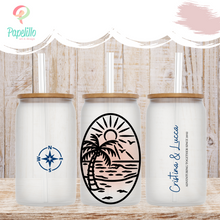 Load image into Gallery viewer, Personalized Adventure Glass Coffee Cup, Beach Glass Iced Coffee Cup with Bamboo Lid and Straw, Iced Coffee Glass, Gift Friend, Coffee Aesthetic